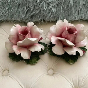 𝅺VINTAGE Capodimonte Porcelain Flower Candle Stick Holder Set Italy